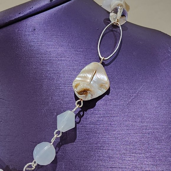 Abalone Shell Clear Glass Bead and White Bead Y Lariat Style Gold Necklace - Picture 4 of 12